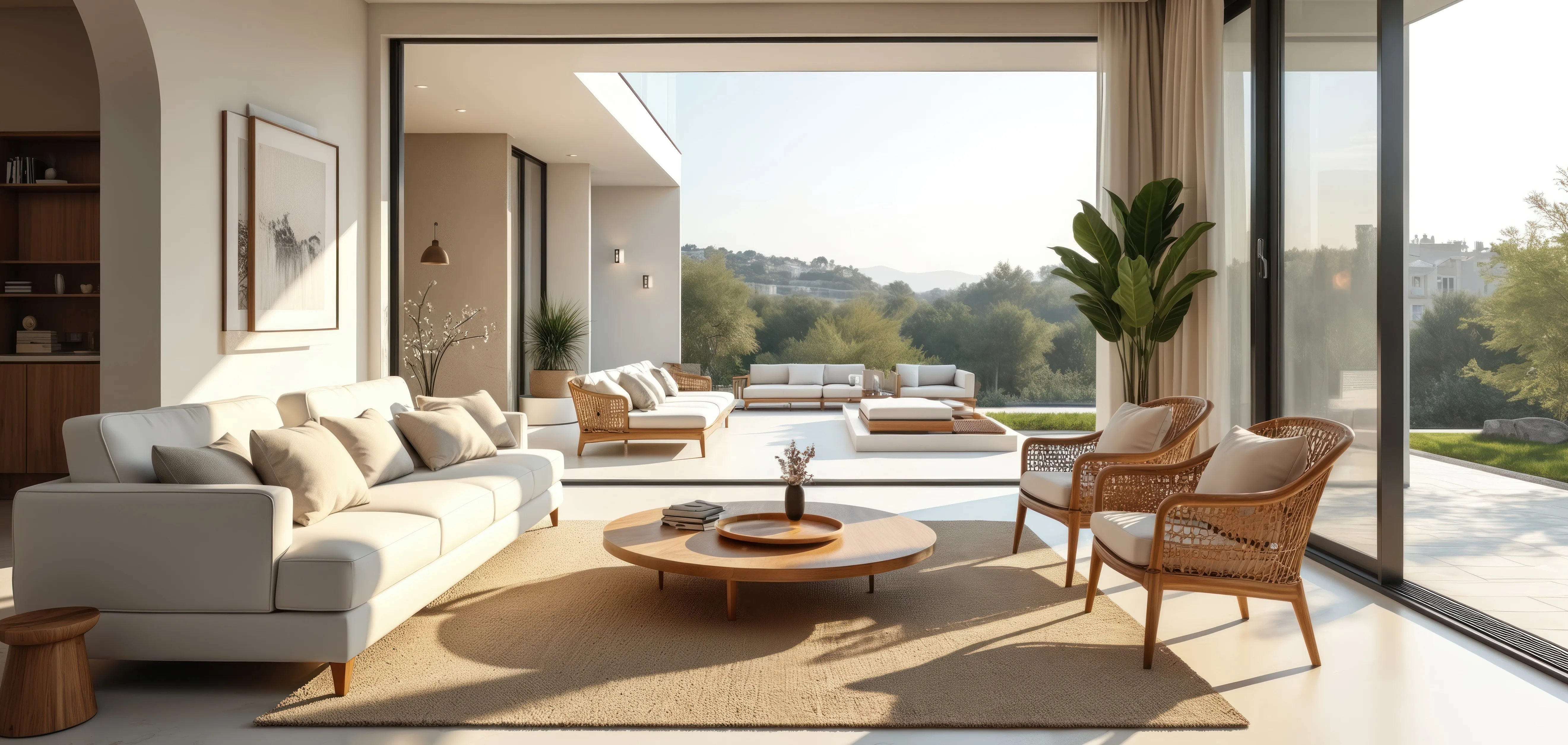 Helles Wohnzimmer mit Holzmöbeln und Pflanzen